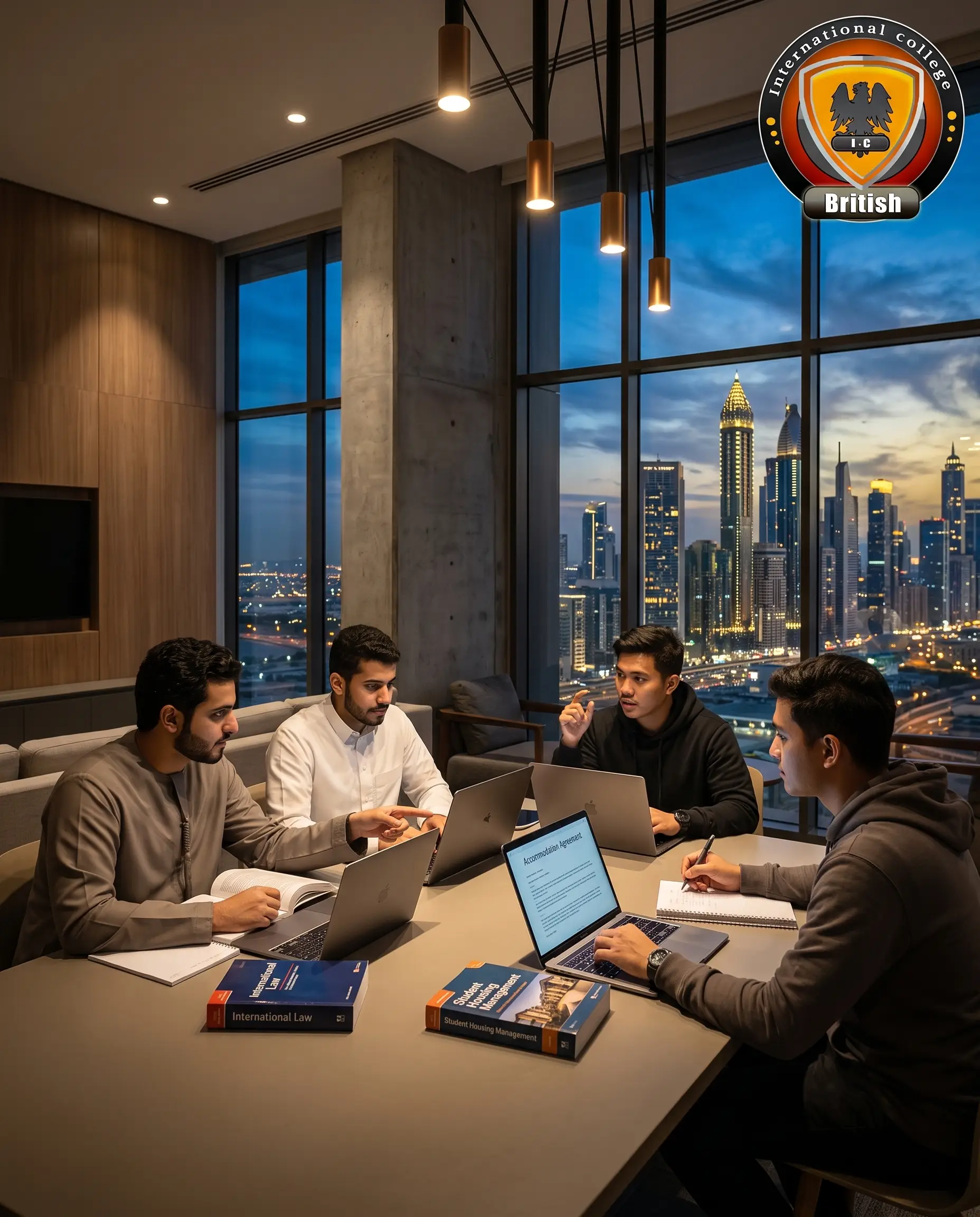 A diverse group of male international students studying together in a modern, premium GCC university campus dorm lounge.